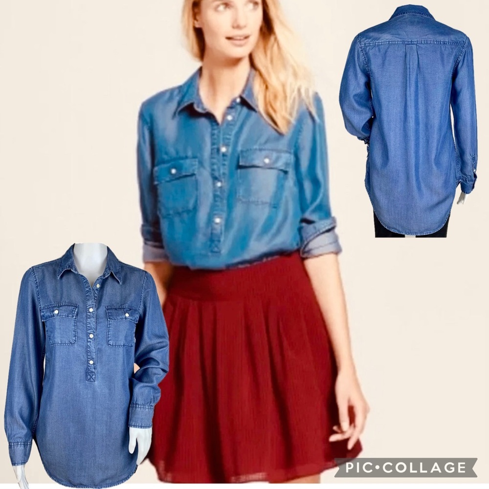 A New Day Chambray Tunic Shirt Long Sleeve with Pockets Soft 100% Lyocell Size M
